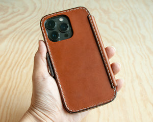 Saddle leather wallet case for iPhone, hand-stitched detail