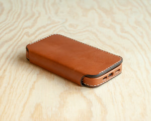 Handmade Saddle leather iPhone wallet case, hand-stitched closure