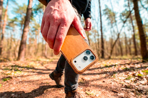 Honey leather iPhone case by Ravenweave, lifestyle view