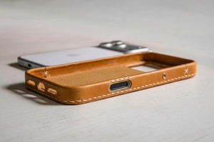 Honey leather iPhone case camera control detail, Ravenweave