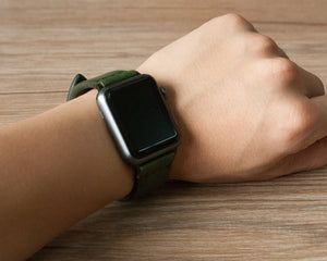 Emerald green leather Apple Watch band by Ravenweave, close-up